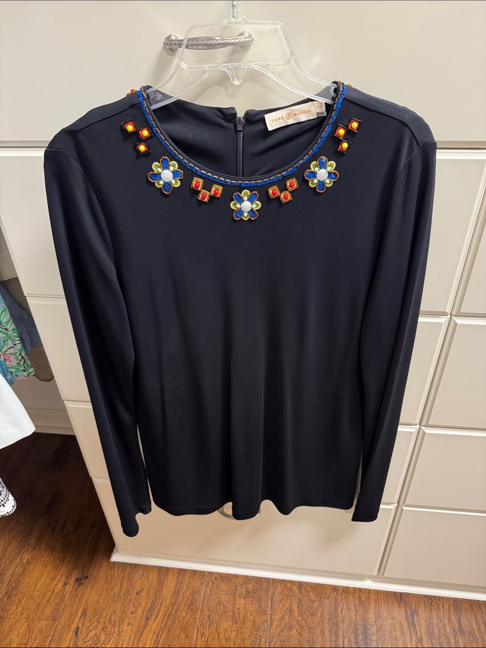 Tory Burch Navy Long-Sleeve Top with Jeweled Floral Neckline